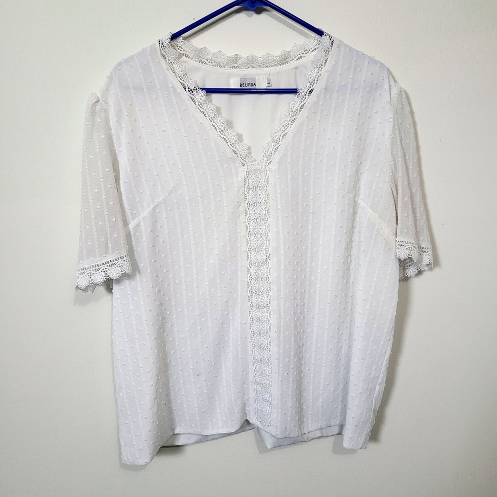 Belinda Large Swiss Dot Lace Trim V-Neck‎ Puff Sleeve Blouse White Romantic